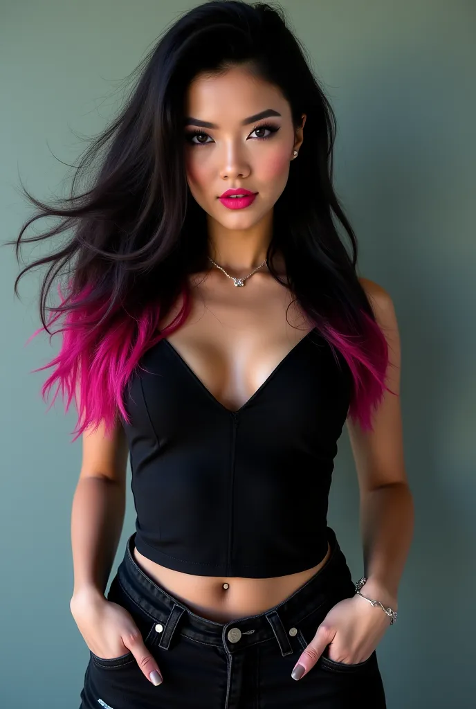 A women with black hair with pink ends wearing black top and black jeans