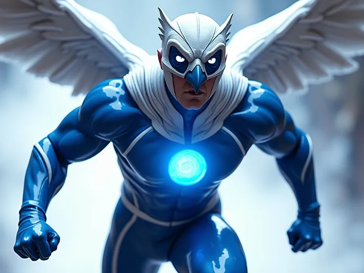 Speed (The Winged Speedster)
A speed-based superhero with inhuman agility and reflexes.
He wears a sleek blue and white suit, built for aerodynamics and speed.
A glowing blue sphere embedded in his chest acts as an energy core, possibly enhancing his speed...