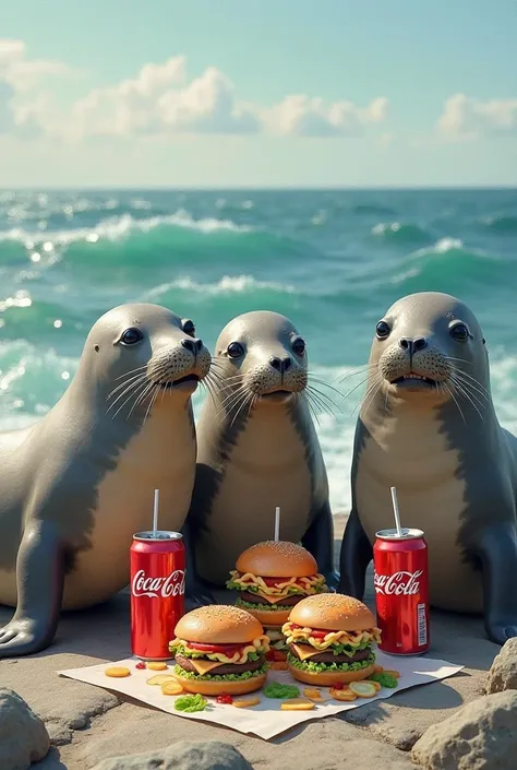 Generate an image of three seals eating burgers wirh coca colas alongside them.