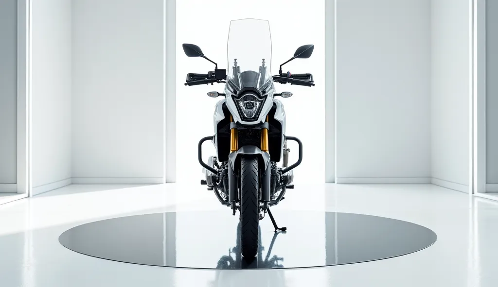 A detailed and realistic [front view] of the ,, (2025 BMW G 310 GS Review) in (white) colour showcasing its sleek grille,sharp led back lights, and aerodynamic design the setting is a modern showroom with a glossy floor and large glass Windows for national...