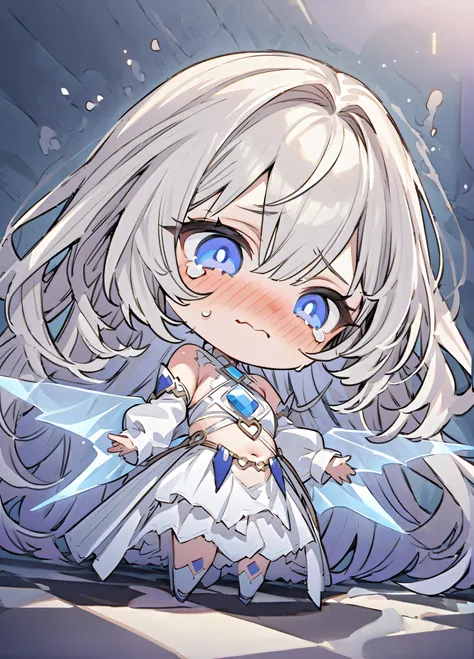 demon girl,lovely labrynth of the silver castle,1girl,solo,very long hair,tears,blush,transparent demon wings,wavy mouth,closed mouth,chibi,o o,wavy hair,white detached sleeves,white o-ring dress,stitches,checkered floor,
masterpiece,best quality,amazing q...