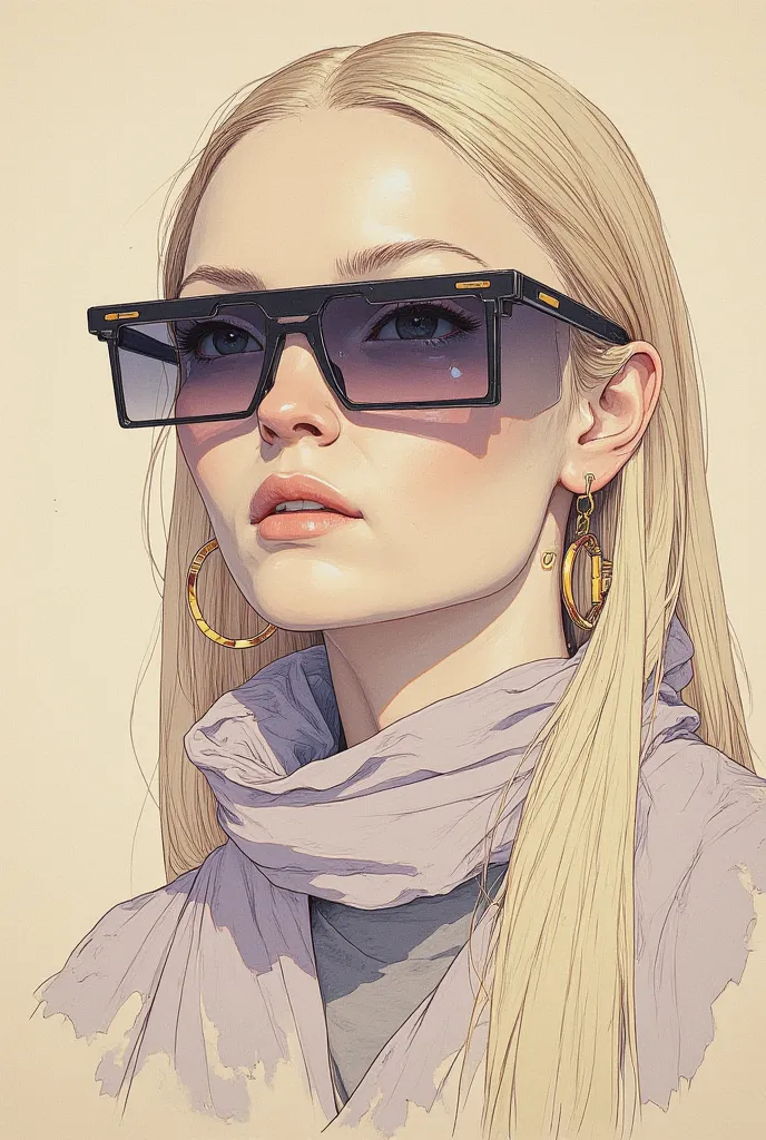 An artistic sketch of a modern sunglasses, scarf, beautiful woman, long blond hair, big earings. The portrait features a mix of minimalistic linework and painterly strokes in soft, muted tones of beige, gray, lavender, and hints of red. The loose brushstro...