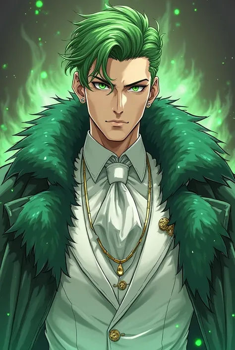 Generate me picture of man in his 30ts hes avreage height and builld he has green hair and green eyes hes drseed in expensive white  suit and green fur coat hes decorate whit diamond and golded rings on his arms he has aura of confidentce and charisma arou...