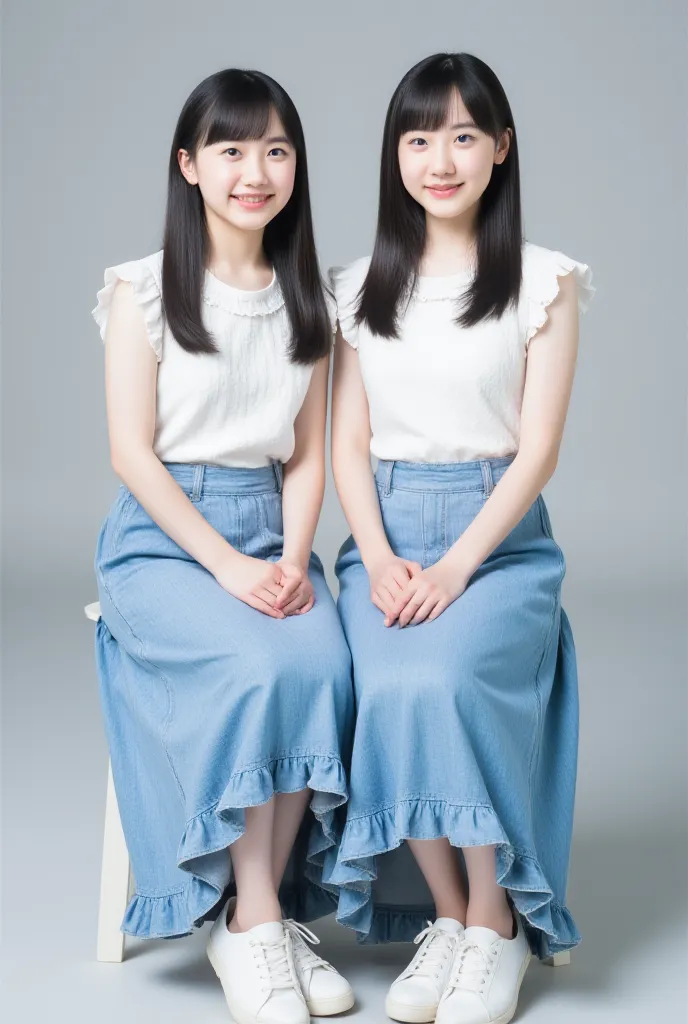 The picture features two young women sitting side by side in front of plain grey background.   They wear matching outfits : a white top with ruffle detail on the shoulders and a long jeans skirt.  The jeans skirt worn by one of the women has a ruffle at th...