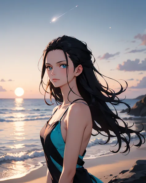 Nico Robin (One Piece) girl with long flowing black hair stands on the shore at sunset. She wears a shimmering, iridescent dress that reflects pastel hues of pink, purple, and blue, flowing gently in the ocean breeze. Her delicate features, soft blue eyes,...