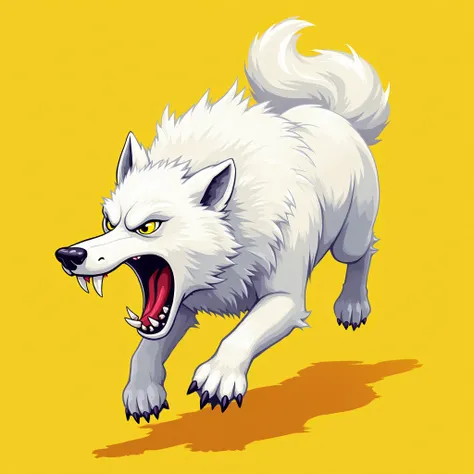 The image shows a white wolf in an aggressive pose, with its mouth open showing its fangs and its eyes fixed on a target. It appears to be jumping forward with its legs extended. The background is yellow. The combination of colors and the intensity of the ...