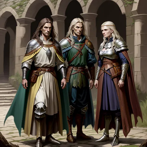 a close-up of a group of people dressed in medieval clothing, desenhos de  MEDIEVAL FANTASY , high  fantasy concept art , medieval concept art, estudo detalhado de fantasy characters, arte de jogo de  MEDIEVAL FANTASY , Arte de fantasy characters,  MEDIEVA...