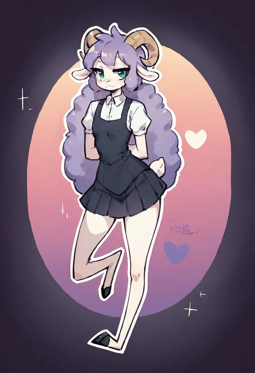  Masterpiece , Best quality,  adult ram,  Best quality  , lamb ears  ,  sheep horns  ,  very detailed illustration , ( Anthropomorphic guy:1,7),  fair skin ,  purple hair,  green eyes, (19 years old), long hair ,   pigtail hair , seductive look, short shee...