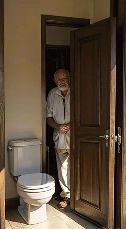 In front of a closed door　Old man waiting for the person inside to come out in front of the toilet　 comical