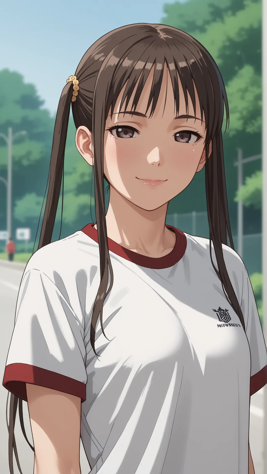 anime screenshot, check_9, check_8_ upwards, check_7_ upwards,  eastnik_BREAK sugiyama mio, 1girl, One,  Double tails,  portrait, blurred background, outdoors BREAK sports uniform, white t-shirt, anime looks at the viewer,  smile, half-closed eyes,  turn r...