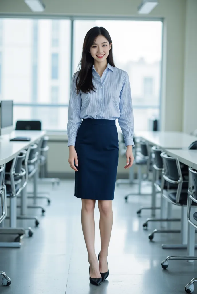 A beautiful 40-year-old Japanese business lady.
Full-body shot.
Beautiful features, light makeup, long, straight black hair.
Slender figure with a thin waist and long legs.
A long-sleeved white and blue London striped blouse.
A navy blue knee-length pencil...