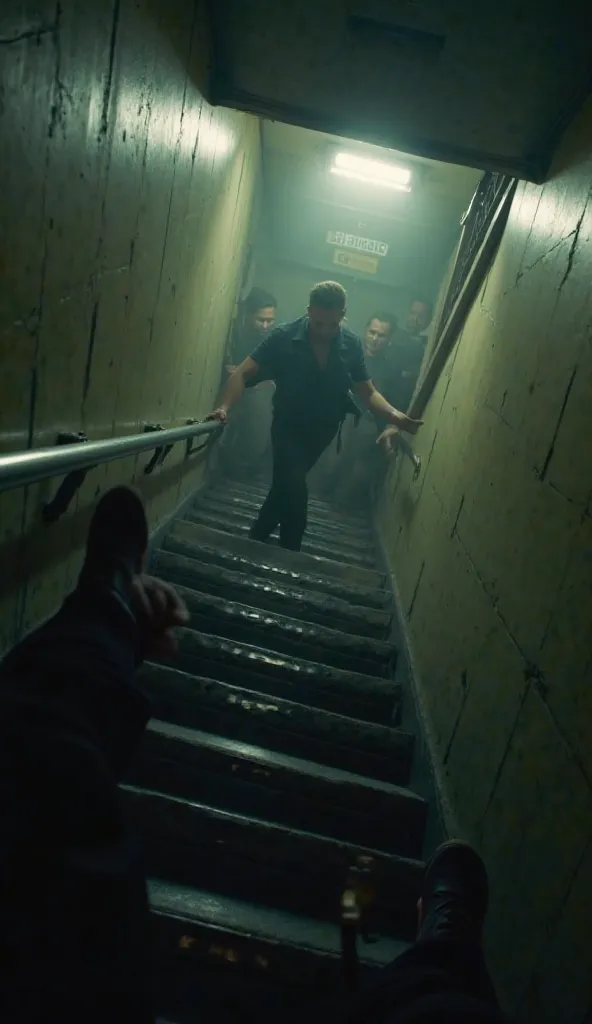 An ultra-realistic POV-style image showing the view of someone running down the emergency stairs. The hands grip the railing tightly, while the feet move quickly down the steps. The lighting is dim, with emergency lights flickering. People around are in pa...