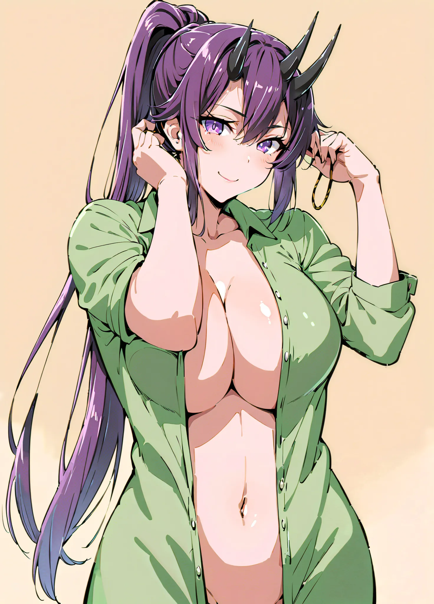 shion \(tensura\), tensei shitara slime datta ken, 1girl, black horns, breasts, cleavage, closed mouth, green shirt, hair tie, horns, large breasts, long hair, long sleeves, looking at viewer, naked shirt, navel, no bra, oni, oni horns, open clothes, open ...