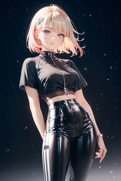 realistic, masterpiece, best quallity, youthful,  girl, hip hop style, black fabric pants, wide top, vanilla-colored hair, stupsnase