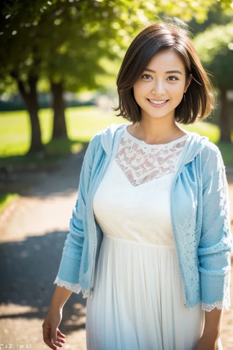 (8k, RAW photo, photorealistic, HQ, masterpiece, Brightly exposed photo), a cute Japanese woman, (glowing eyes), 
(shy smile), dark brown hair, fluffy Pixie Bob hair, (Casual white tight maxi dress), break, (blue lace jacket),  Blown by the gentle wind, (i...