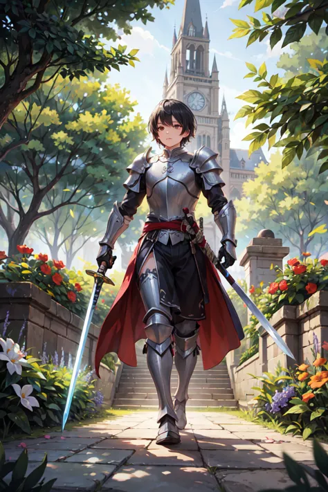  high contrast ,   warrior, Long Sword,  dragon hunter , Glitter Armor, Male,  short hair ,  Two-Handed Sword,  black hair,  Red-eye,  Full body, elegant, Middle Ages