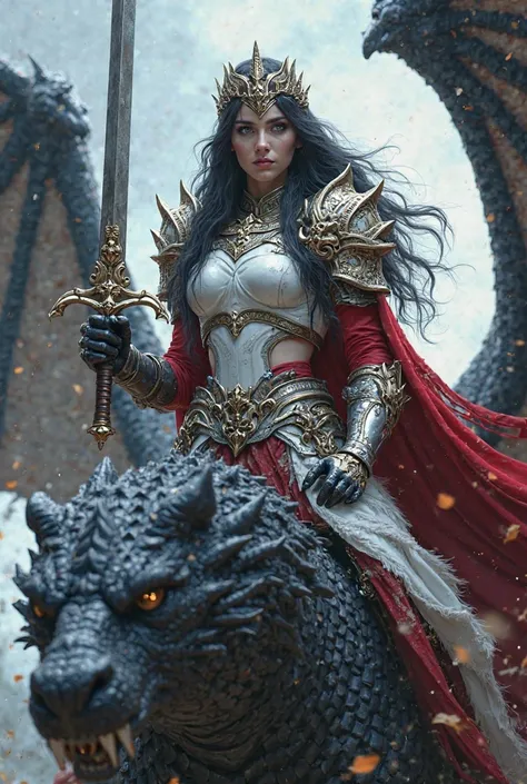 Une guerrière aux longs cheveux noirs  heroic fantasy aux yeux bleus à l'armure blanche et rouge  tenant à la main une épée finement ciselée qui porte sur la tête un casque sculpté et qui chevauche un dragon heroic fantasy noir 