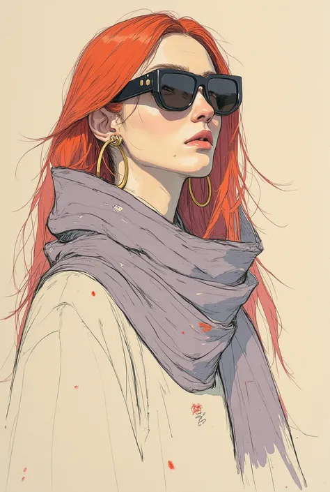 An artistic sketch of a modern sunglasses, scarf, beautiful woman, long red hair, big earings. The portrait features a mix of minimalistic linework and painterly strokes in soft, muted tones of beige, gray, lavender, and hints of red. The loose brushstroke...