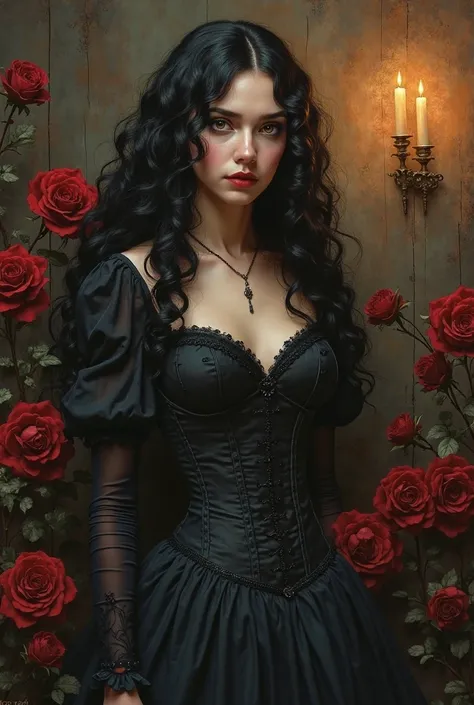 A gothic woman painted in Leonardo da Vinci’s classical style, with soft sfumato shading and Renaissance elegance. Her dark curls cascade like a flowing night sky, reminiscent of Van Gogh’s swirling brushstrokes. She wears a vintage corset dress, exuding b...