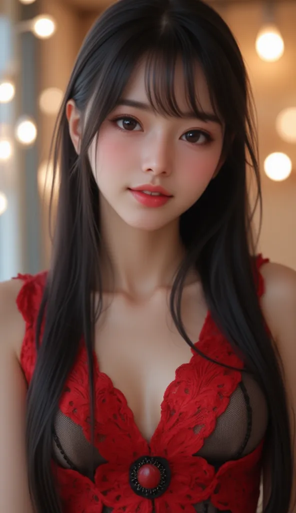 (  Super Cute Young Face  :1.1),(  Sparkling Clear Glamorous Eyes  :1.1), (Japanese idol's face :1.1),  Very Beautiful Cute Girl  ,,(18 years old:1.2),Delicate, smooth and soft long black straight hair, fair skin,(Happy and cheerful smile ),Professional Po...