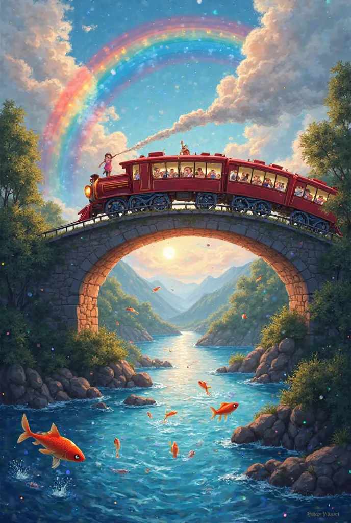 The Color Train crossing a magical rainbow bridge over a sparkling river. The bridge is made of glowing, translucent colors, and the train's wheels leave colorful trails as it moves. s are leaning out of the windows, reaching their hands toward the rainbow...