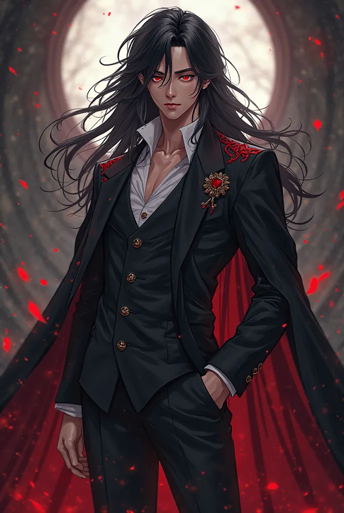 Anime boy , reincarnator devil male duke of hell evil incarnate , long black hair and sophisticated classical villainous outfit , michivous and dark