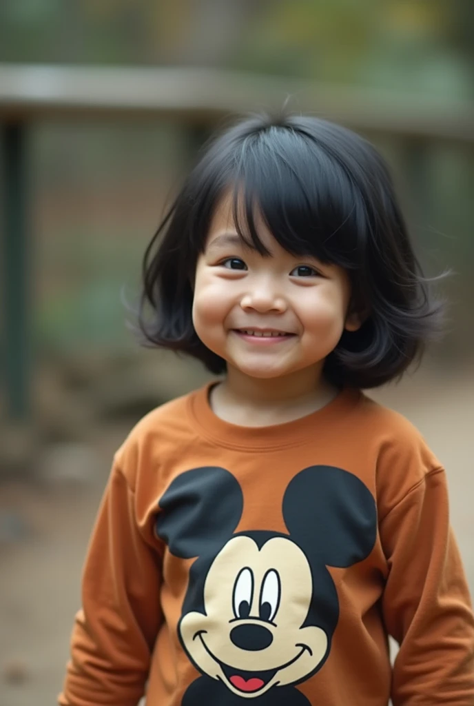 A young , likely 8-, of Asian ethnicity, is in the zoo.  The  is positioned in the center of the image, slightly angled towards the viewer.  They are wearing an orange-brown, long-sleeved shirt with a Mickey Mouse print design. The  has short black hair. T...