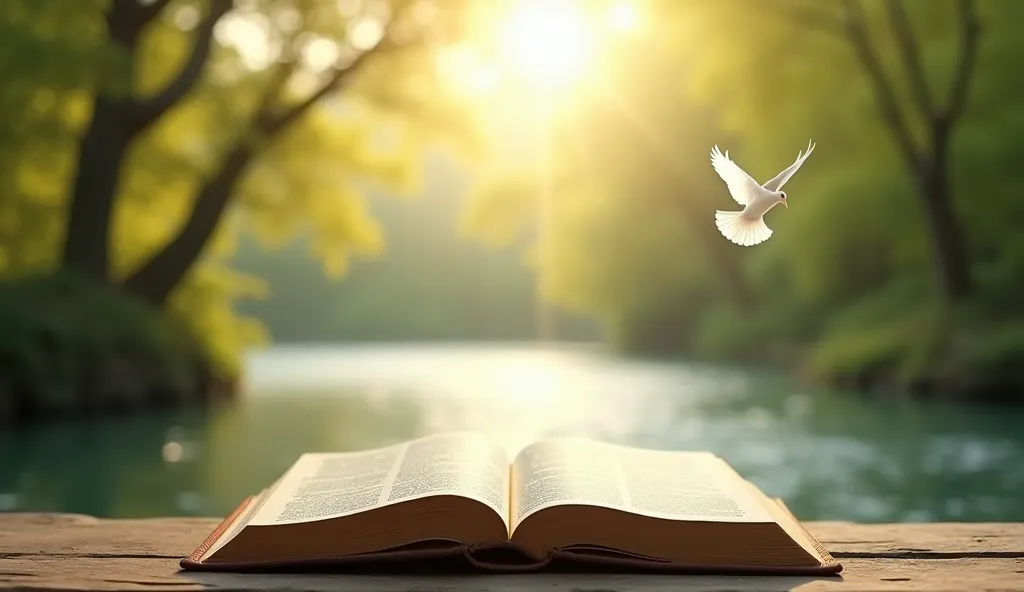 Create a image for a Bible study channel. The background should feature a calm, flowing river surrounded by lush greenery and trees, with soft sunlight filtering through the leaves. Add a subtle dove in flight near the top center of the image, symbolizing ...