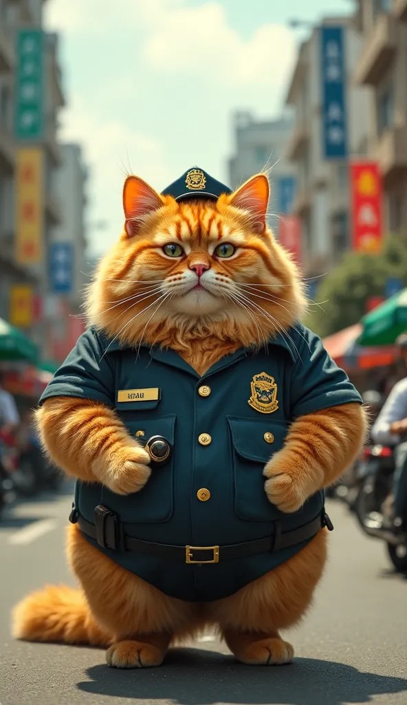 A chubby golden-orange fluffy funny cat with human-like posture, stern expression, wearing a police uniform and blowing a whistle, bustling Vietnamese city backdrop with tall buildings and street vendors, crowded intersection with motorbikes and cars, surr...