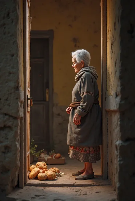 An elderly woman stands next to the door looking at it and sees some food and bread next to the door from the outside. A 3D digital image