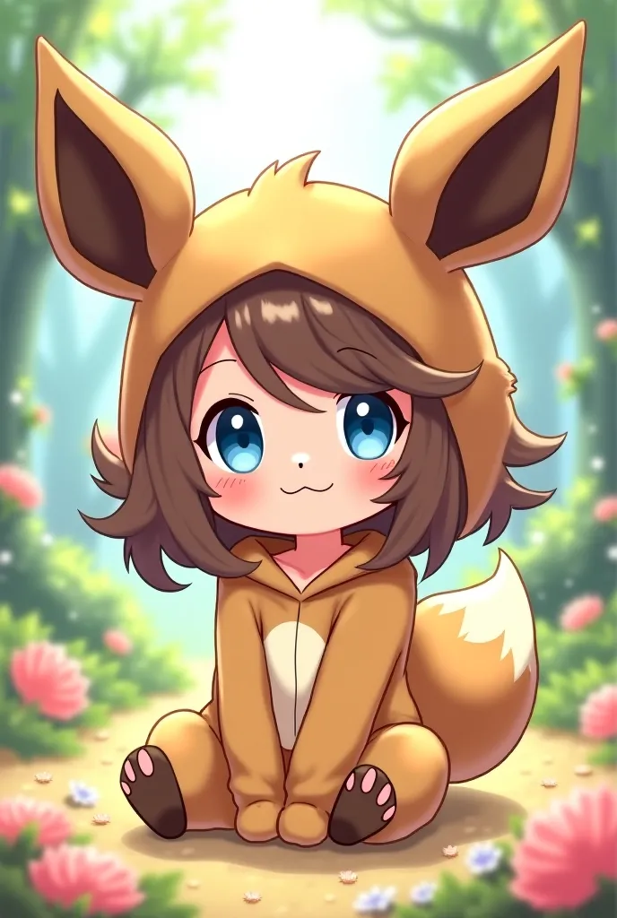 Chibi anime girl with long fat brown hair and blue eyes in a eevee onesie 