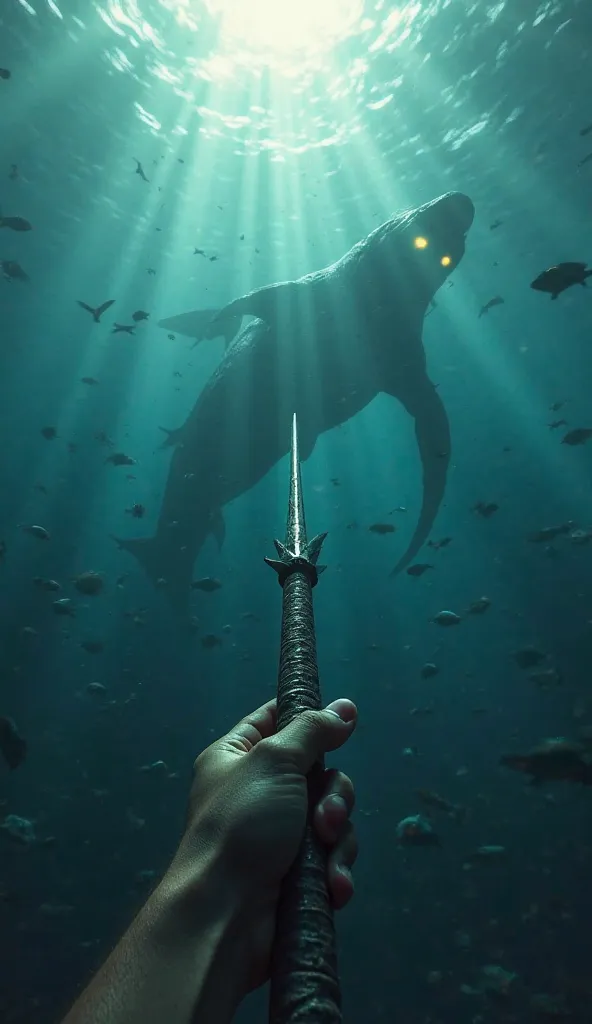 Create an ultra-realistic scene with a first-person perspective, gripping a celestial harpoon with both hands. Your pulse echoes in the silence of the abyss, as beams of sunlight flicker through the shifting currents. The shadow of a legendary sea leviatha...