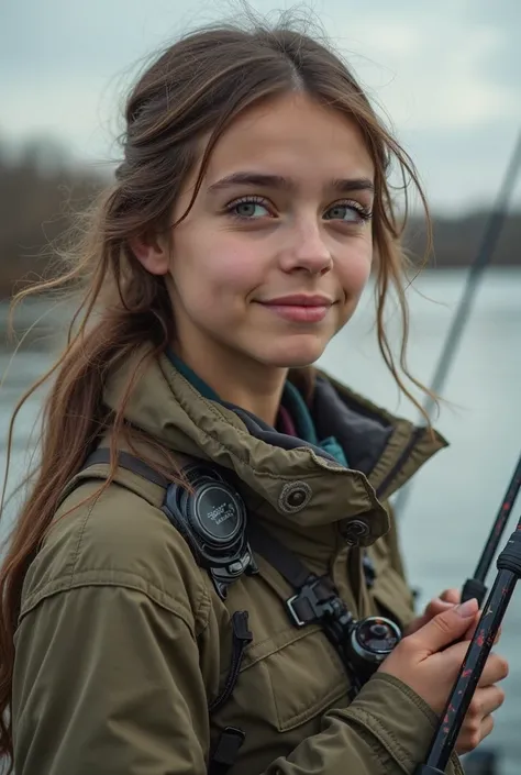 young female angler, modern fishing rod in one hand and perch in the other, long brown hair , Georgian nose, KARASIVA GREUD, Lots of cosmetics,  Masterpiece , award-winning , shows language