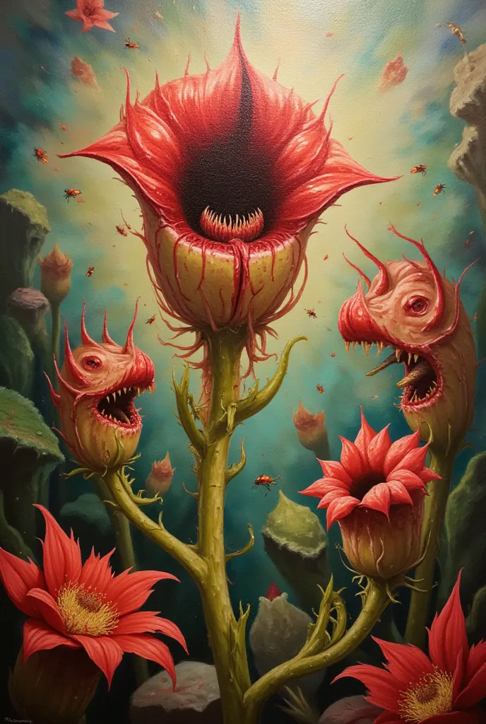  Vivid Oil Paintings 、Carnivorous plants that give off a fragrant aroma、small flies approaching insectivorous plants、A carnivorous plant with beautiful red petals、with large open mouths and lots of fangs、Grotesque insectivorous plants、fantastic scene、