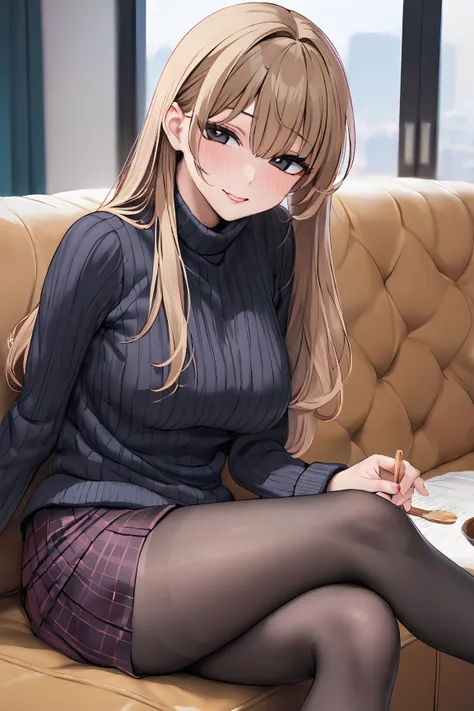  Skinny,  is funny,  Beautiful girl, with honey straight hair, double bangs,   straight narrow black eyes ,  beautiful arrows on the eyes ,  black sweater, checkered skirt,   black silk tights ,  is sitting,  high quality, High resolution