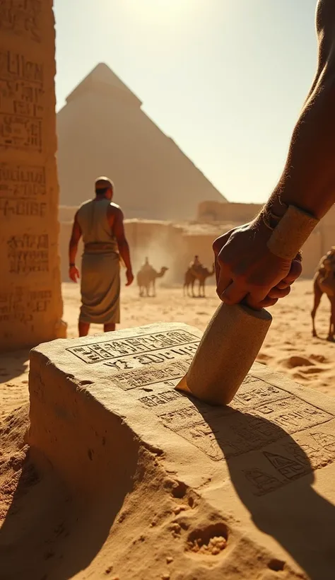 Ultra-realistic, highly detailed POV of an ancient Egyptian worker meticulously engraving hieroglyphs into a massive stone slab. Both hands are visible—one firmly gripping a worn copper chisel, its sharp tip pressed against the rock, while the other holds ...