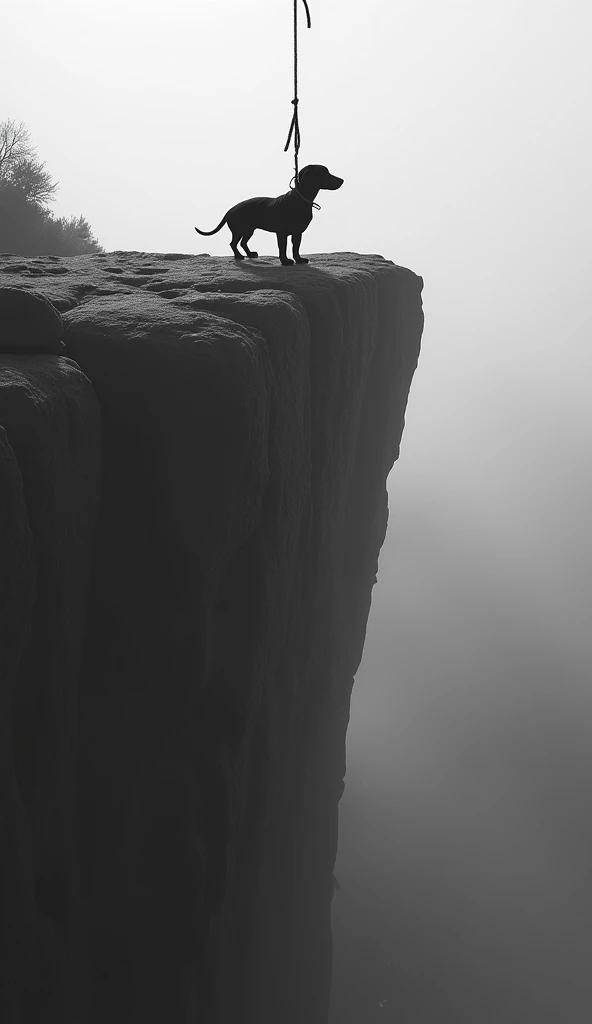 Make an image of a black and white dachshund puppy with a sad face, hanging on a rope around the neck on a precipice 