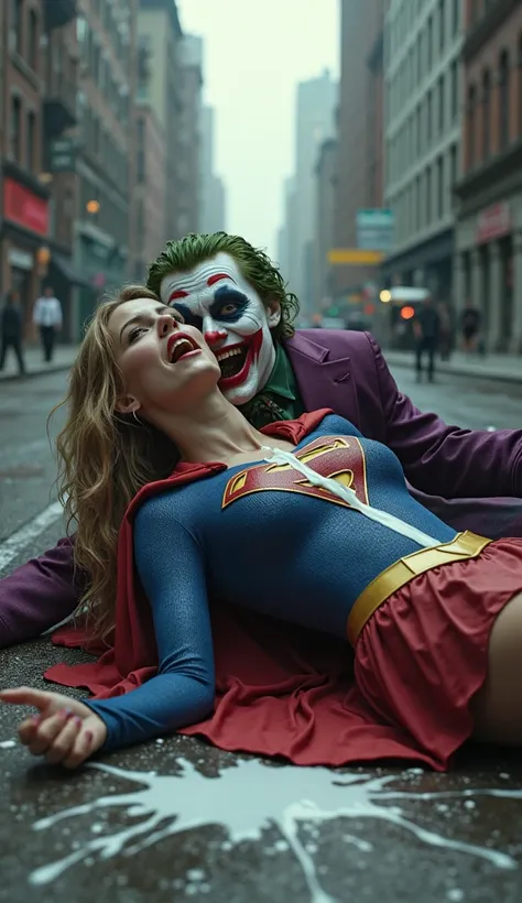 super girl lying on ground, joker is riding on her chest, super girl white milk flow on her face to breast,at city, super girl is crying loudly, realistic . 