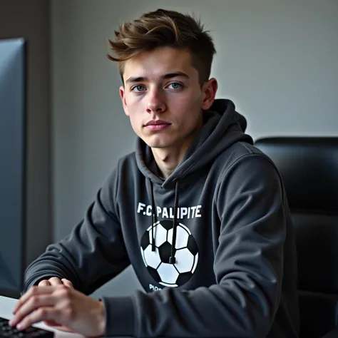 A realistic cinematic-style image of a young white man sitting on a chair in front of a computer. He is wearing a hoodie with a soccer ball design and the text "FC PALPITE" printed on it. His posture is relaxed, with his hands resting on the table or keybo...