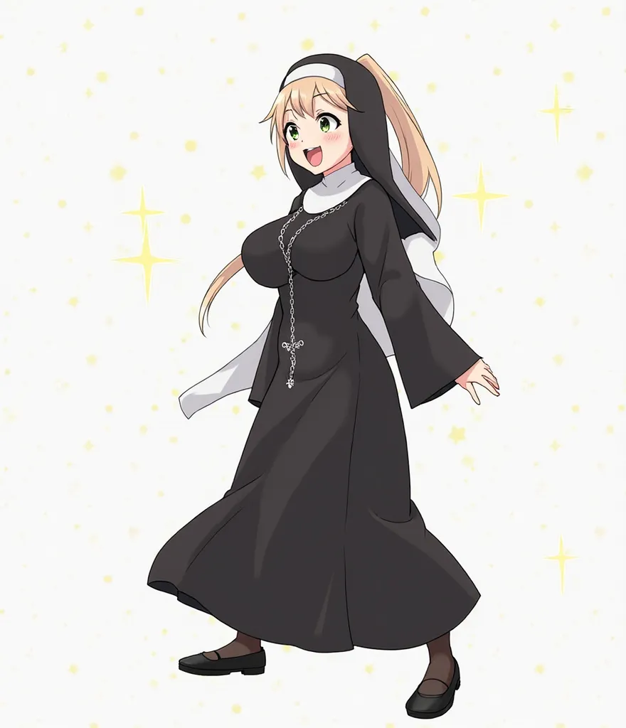  1 Girl , long hair, , 中等long hair  , ponytail, Smile, tooth, ,  Bare-Tooth Laughing , 露出下排tooth齒, 露出虎tooth,Yandere, Chest, Big breasts, nun costume , wearing rosary silver chain, Narrow skirt, Wide legs , stockings, Flats,Realism