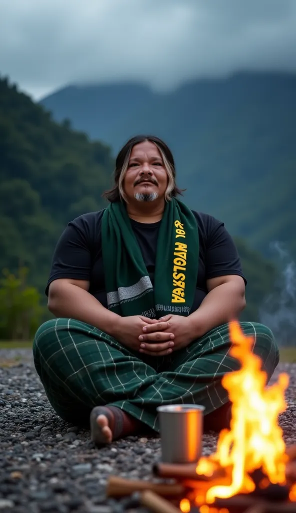 Front view of a slanted cinematic portrait, a fat man with a clean face, very long and loose straight hair, a plain black t-shirt and bottoms, a dark green cloth sarong with a typical Indonesian Muslim check pattern, is seen sitting with his hands crossed ...