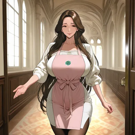 ((work of art)) , ((( perfect ))), Alone,  A woman, long dark brown hair, very long hair, fringe, Madura, milf, housewife, pink apron and white dress, Perfect Anatomy, detailed face, very big boobs,  thin waist, wide hip, mansion background, ((apenas  A wo...