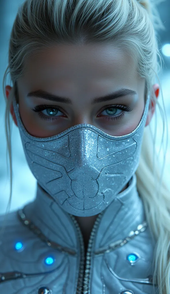  Here is a detailed prompt to generate an image  ** super realistic** da Amber Heard como **Frost**, focused **only on the face**, with a very detailed and shiny white metallic mask, and an impactful background:  

---  
**"Close-up hiper-realista do rosto...