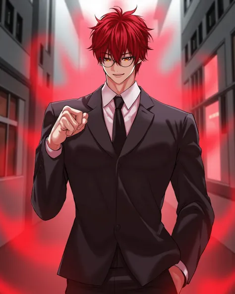 1Nice looking man, short red hair, brown eyes, wearing glasses, good figure, tall, wearing school uniform, cool face, school background, hidden red aura light, red eye aura, high definition, depth of field, best quality,  Stand up, take a fighting stance