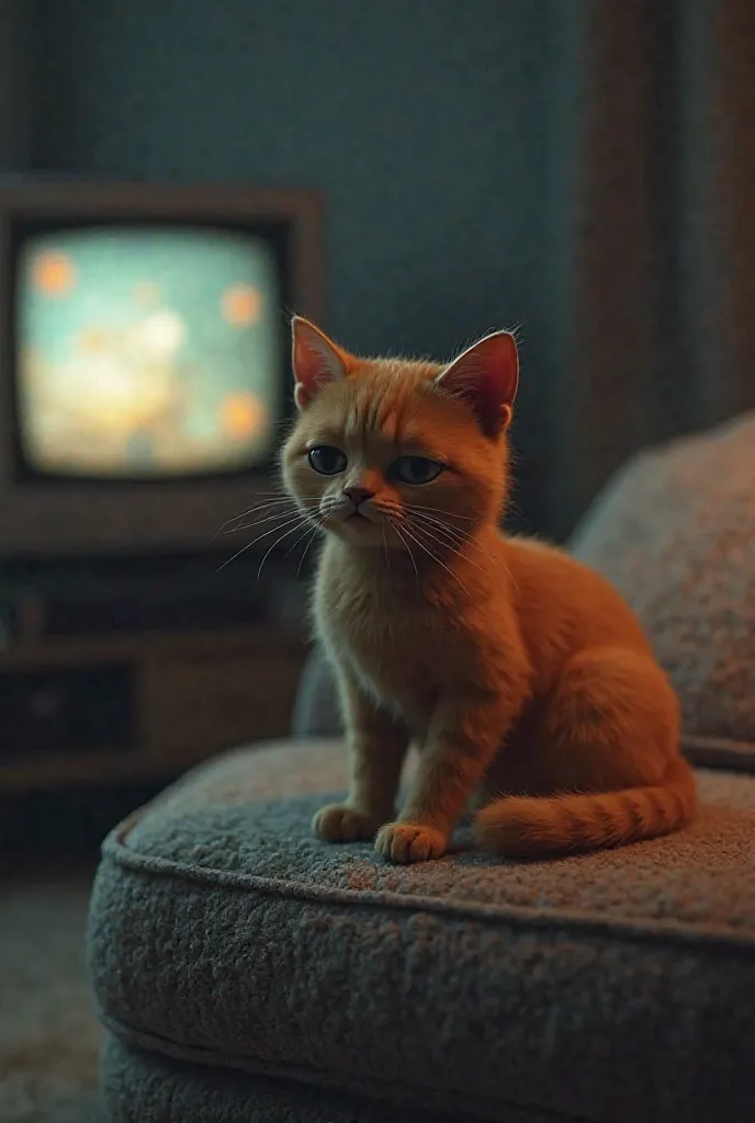 Sad orange 3d cat sitting on the sofa watching TV 