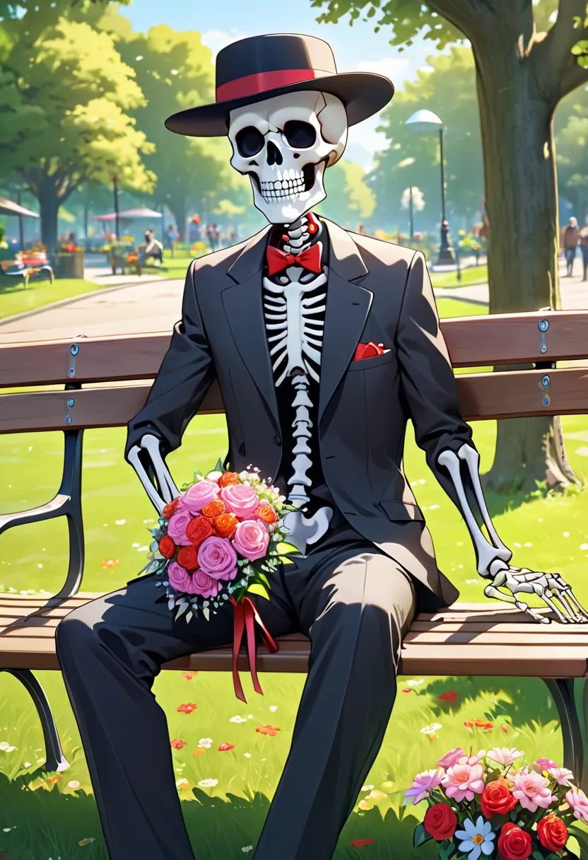 A humorous scene featuring a skeleton sitting on a park bench, waiting for someone, The skeleton is dressed in a suit with a hat perched on its head, and holding a bouquet of flowers, The setting is a sunny park with trees and flowers in the background, Th...