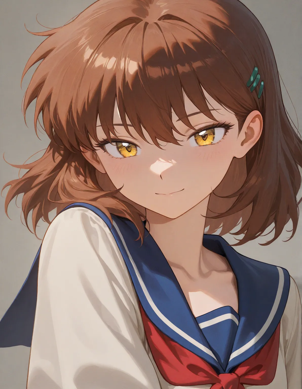 A girl that is a sixth grade primary school student. She has short wavy brown hair with shiny golden eyes with blue dress uniform. She is calm, chill. Kind. Inuyasha anime art style. Hd.