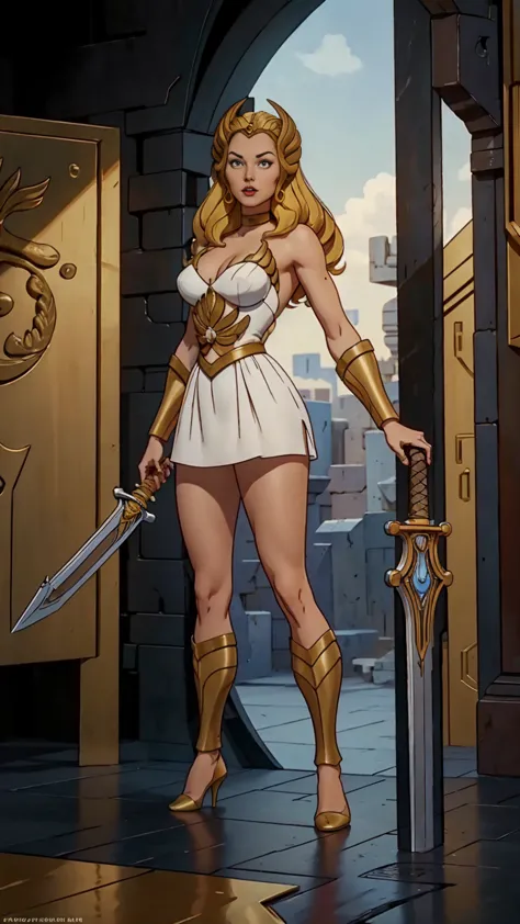 ((Full body photo, standing, feet on the ground)) Alison Tyler , ultrarealism, ultra-resolution, HDR, Photographic realism, woman, sword in hand, medium breasts, black curly hair, with the golden armor of Scorpio, Knight of the Zodiac, golden Athenian helm...