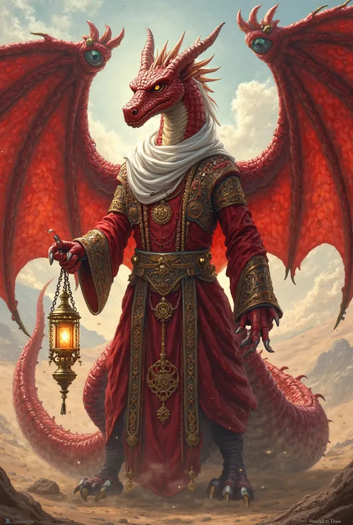 A red winged dragon wearing Arabic clothes and a white turban and holding a lantern and a rosary