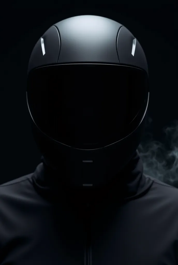 "A striking, front-facing close-up of a mysterious figure wearing a sleek, modern full-face helmet against a deep black background. The helmet is matte black with sharp, aerodynamic contours, reflecting minimal but well-placed highlights that emphasize its...